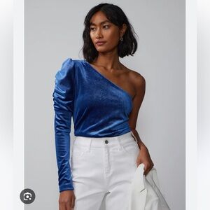 SHINESTAR One Shoulder Royal Blue Crushed Velvet Bodysuit Shirt Size Large